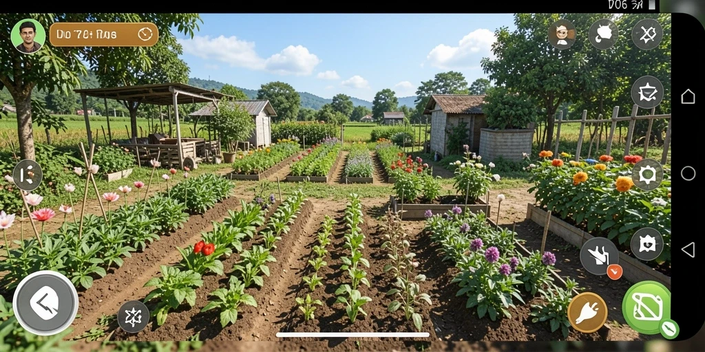 Screenshot gameplay D06 yang menampilkan suasana berkebun yang warna-warni dan menyenangkan.