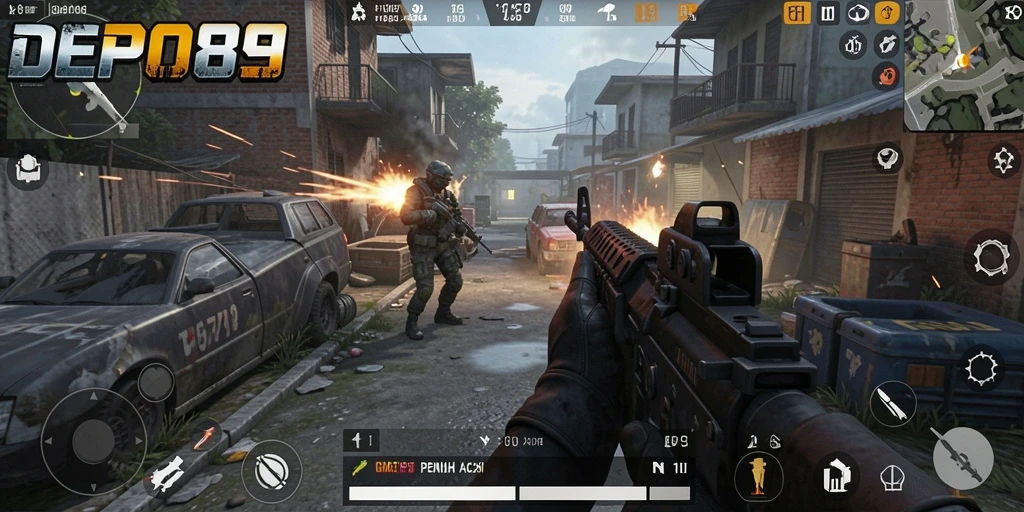 Screenshot gameplay DEPO89 menampilkan aksi tembak-tembakan yang intens.