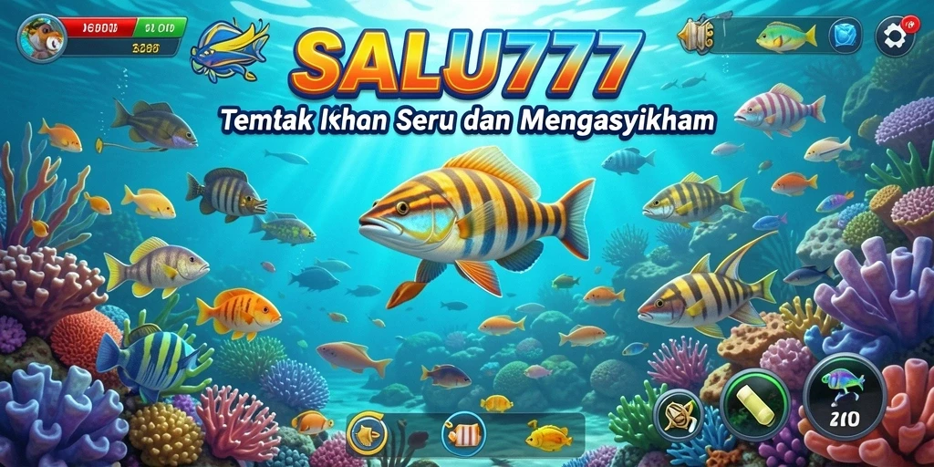 Screenshot gameplay SALJU777 menunjukkan aksi menembak ikan yang mendebarkan.